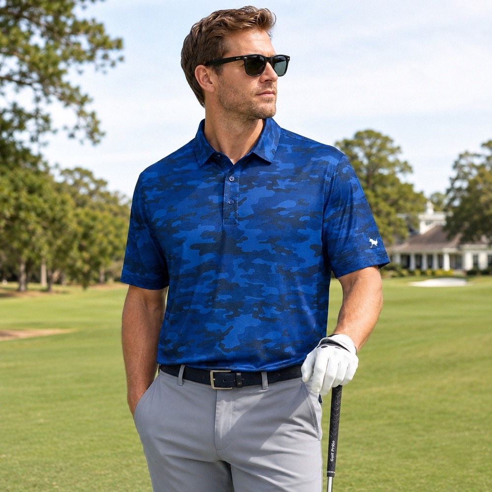 Birdie Bound Mens XL Blue Camo Golf Polo Shirt Performance Stretch Athleisure